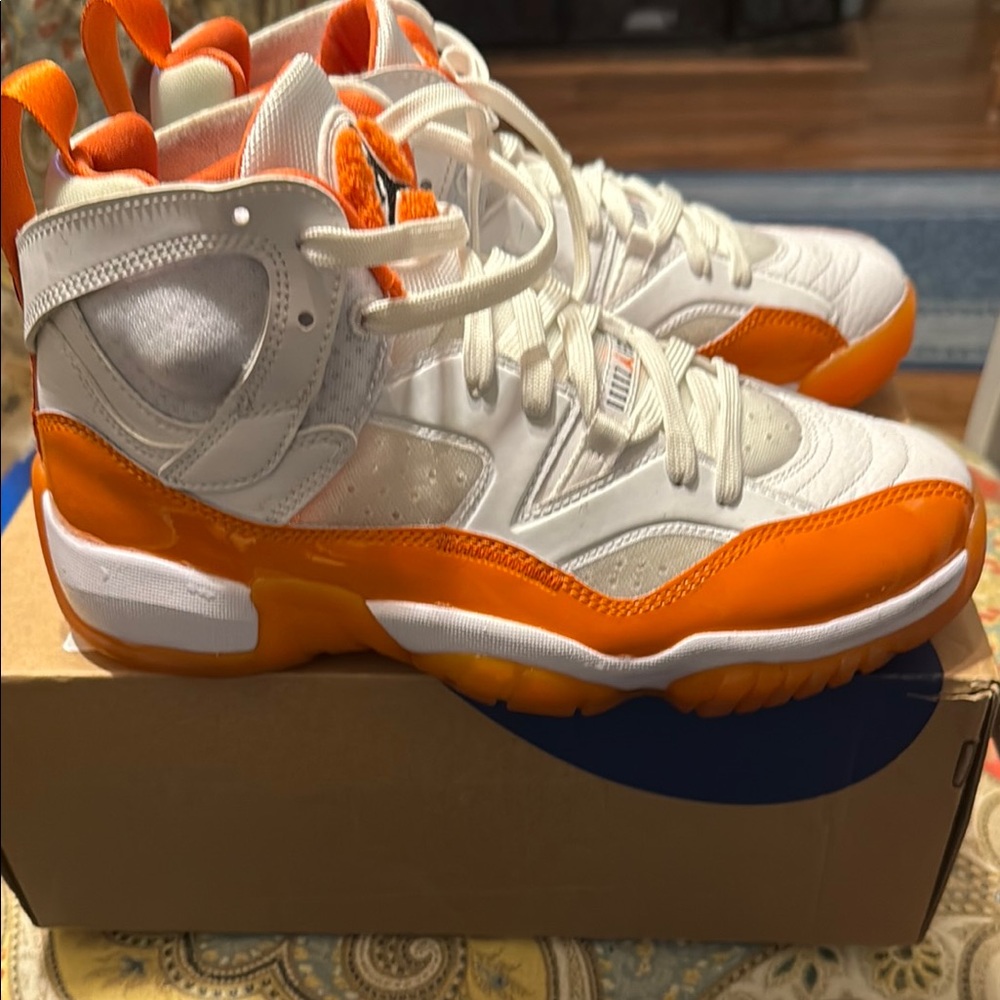 Jordan Athletic Shoes White and Orange High-Top Sneakers - Picture 2 of 7